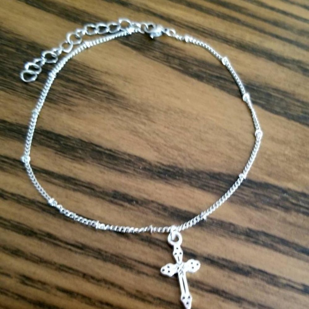Silver Cross Anklet, Cross Ankle Bracelet, 9"
